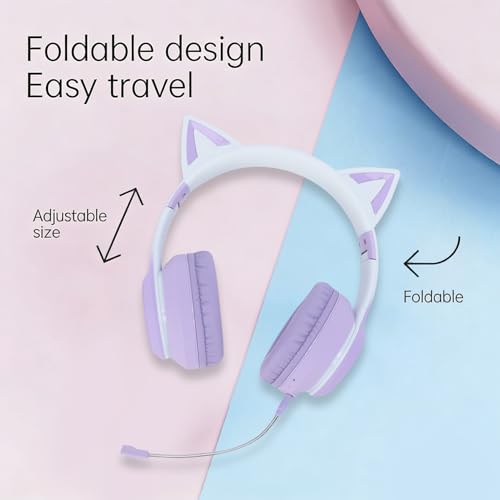 Kabelloses Gaming-Headset, niedliche Katzenohren, Bluetooth 5.3, LED-Beleuchtung, abnehmbares Mikrofon, 40-mm-Treiber, 3,5-mm-AUX-Kabel, faltbar, Bequeme Ohrpolster (Purple) Bild 4