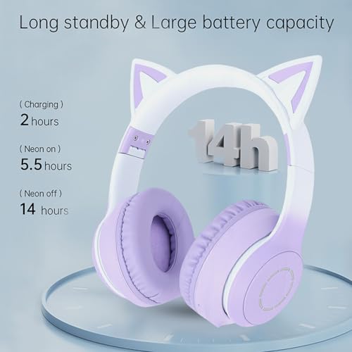 Kabelloses Gaming-Headset, niedliche Katzenohren, Bluetooth 5.3, LED-Beleuchtung, abnehmbares Mikrofon, 40-mm-Treiber, 3,5-mm-AUX-Kabel, faltbar, Bequeme Ohrpolster (Purple) Bild 5