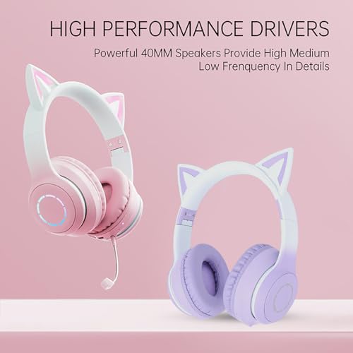 Kabelloses Gaming-Headset, niedliche Katzenohren, Bluetooth 5.3, LED-Beleuchtung, abnehmbares Mikrofon, 40-mm-Treiber, 3,5-mm-AUX-Kabel, faltbar, Bequeme Ohrpolster (Purple) Bild 6