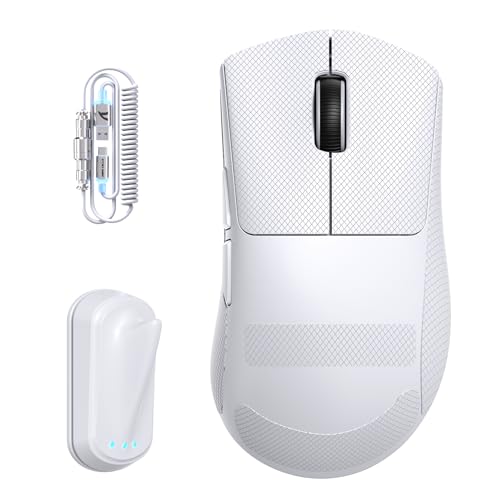 ATTACK SHARK V8 Wireless Gaming Maus mit LED Spiralkabel, Nordic 54L15 Chip, PAW3950MAX, 42000DPI, Dual 8000Hz, 59g Ultraleicht, Hai-Flossen-Dongle Design, 2.4Ghz/BT/Kabel für PC, Weiß & Griffband Bild 1