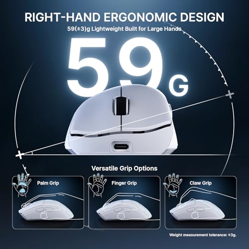ATTACK SHARK V8 Wireless Gaming Maus mit LED Spiralkabel, Nordic 54L15 Chip, PAW3950MAX, 42000DPI, Dual 8000Hz, 59g Ultraleicht, Hai-Flossen-Dongle Design, 2.4Ghz/BT/Kabel für PC, Weiß & Griffband Bild 3