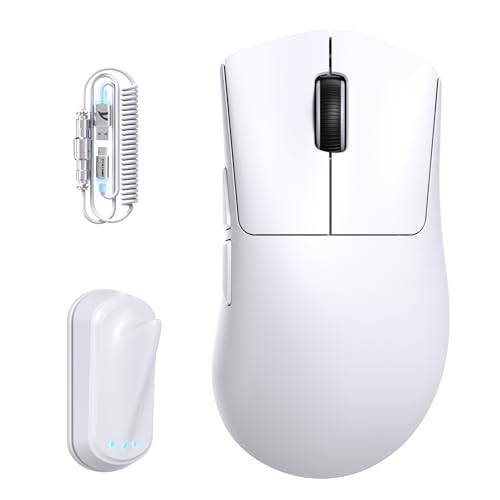 ATTACK SHARK V8 Wireless Gaming Maus mit LED Spiralkabel, Nordic 54L15 Chip, PAW3950MAX, 42000DPI, Dual 8000Hz, 59g Ultraleicht für Große Hände, Hai-Flossen-Dongle Design, 2.4Ghz/BT/Kabel für PC, Weiß Bild 1