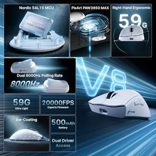 ATTACK SHARK V8 8000Hz Kabellose Gaming-Maus, Nordic 54L15 Chip, PAW3950MAX Sensor, 42000 DPI, 20000 FPS, 59g Ultraleicht, Ergonomisch, BT / 2,4GHz / Kabel, Ice-Coating, PC/Win, Weiß Bild 2