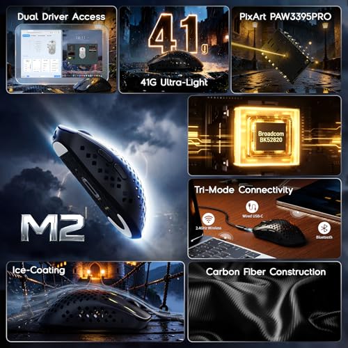MAMBASNAKE M2 Carbonfaser Kabellose Gaming-Maus, 41g Superlight, 40000 DPI, PAW3395PRO-Sensor, BK52820-Chip, Ice-Feel-Beschichtung, BT/2.4G/Kabelgebundene, PTFE-Gleitfüße, PC/Mac, Schwarz Bild 2