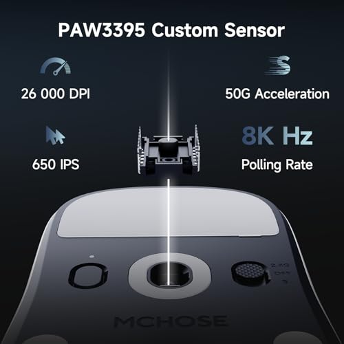 MCHOSE A7 V2 Pro Ultraleicht 59 g Kabellose Gaming-Maus, 26000 DPI Sensor, 8000 Hz Abtastrate, 650 IPS, Gaming-Maus mit BT 5.0, 2,4 GHz und Kabel, über 200 Stunden Akkulaufzeit, Weiß Bild 2