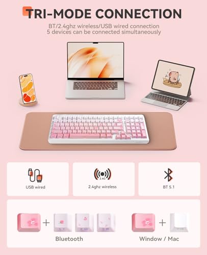 DAREU EK98PRO Sakura Pink Mechanische Gaming Tastatur, 2.4Ghz/BT5.1/USB-C Mechanical Keyboard, 98% QWERTY RGB Gaming Tastatur Kabellos mit Seitlich Graviert, Gasket Mount, Hot Swap,Linear Cloud Switch Bild 3