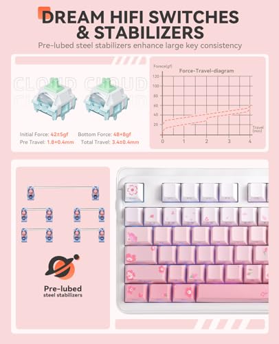 DAREU EK98PRO Sakura Pink Mechanische Gaming Tastatur, 2.4Ghz/BT5.1/USB-C Mechanical Keyboard, 98% QWERTY RGB Gaming Tastatur Kabellos mit Seitlich Graviert, Gasket Mount, Hot Swap,Linear Cloud Switch Bild 6