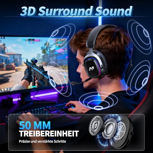 MANKIW Wireless Gaming Headset für PS5, PS4, PC & Switch, 2.4G + 6.0 Bluetooth Headset mit 7.1 Virtual Surround Sound, Noise Cancelling Mikrofon & RGB Licht, 60+ Stunden Akku, PC Benutzerdefinierte So Bild 2