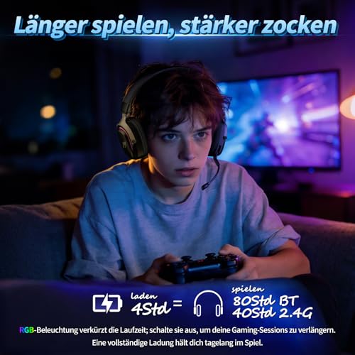 MANKIW Wireless Gaming Headset für PS5, PS4, PC & Switch, 2.4G + 6.0 Bluetooth Headset mit 7.1 Virtual Surround Sound, Noise Cancelling Mikrofon & RGB Licht, 60+ Stunden Akku, PC Benutzerdefinierte So Bild 4