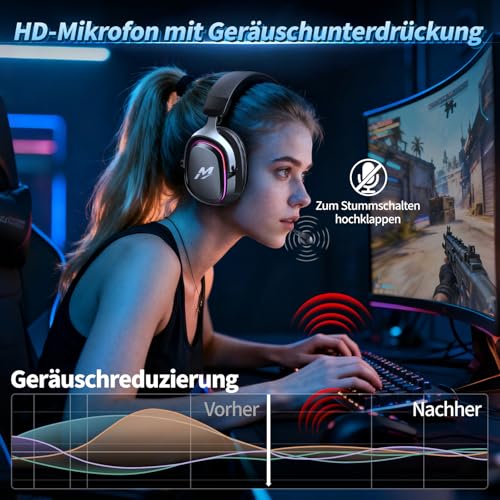 MANKIW Wireless Gaming Headset für PS5, PS4, PC & Switch, 2.4G + 6.0 Bluetooth Headset mit 7.1 Virtual Surround Sound, Noise Cancelling Mikrofon & RGB Licht, 60+ Stunden Akku, PC Benutzerdefinierte So Bild 5