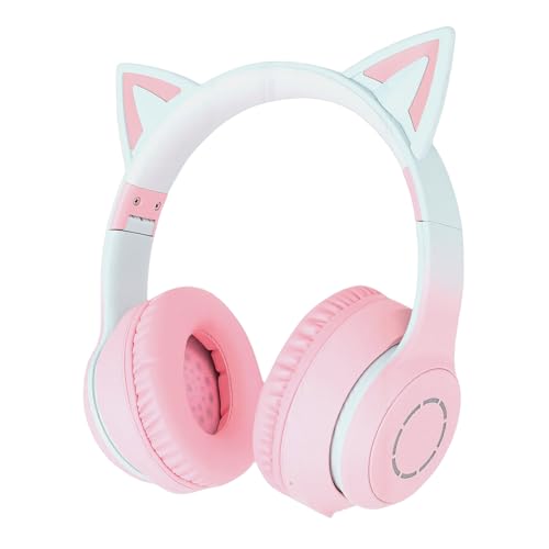 Naroote Katzenohr-Bluetooth-5.3-Kopfhörer für Kinder Erwachsene, Headset Niedlicher Kabelloser Gaming Kopfhörer mit LED Licht 3,5mm AUX Kabel Abnehmbares Einziehbares Mikrofon (PINK) Bild 1