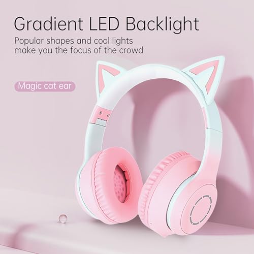 Naroote Katzenohr-Bluetooth-5.3-Kopfhörer für Kinder Erwachsene, Headset Niedlicher Kabelloser Gaming Kopfhörer mit LED Licht 3,5mm AUX Kabel Abnehmbares Einziehbares Mikrofon (PINK) Bild 3