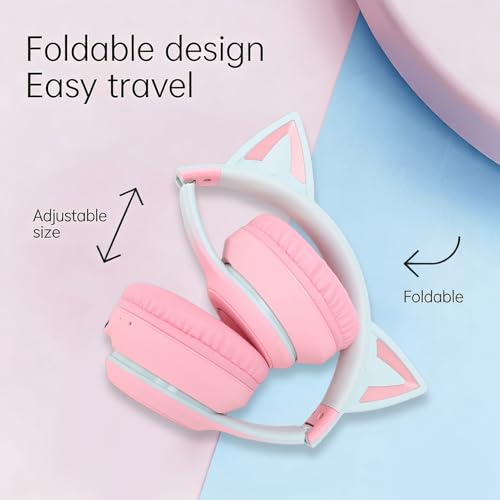 Naroote Katzenohr-Bluetooth-5.3-Kopfhörer für Kinder Erwachsene, Headset Niedlicher Kabelloser Gaming Kopfhörer mit LED Licht 3,5mm AUX Kabel Abnehmbares Einziehbares Mikrofon (PINK) Bild 4