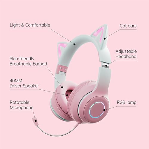 Naroote Katzenohr-Bluetooth-5.3-Kopfhörer für Kinder Erwachsene, Headset Niedlicher Kabelloser Gaming Kopfhörer mit LED Licht 3,5mm AUX Kabel Abnehmbares Einziehbares Mikrofon (PINK) Bild 5
