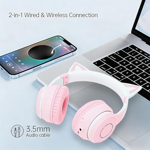 Naroote Katzenohr-Bluetooth-5.3-Kopfhörer für Kinder Erwachsene, Headset Niedlicher Kabelloser Gaming Kopfhörer mit LED Licht 3,5mm AUX Kabel Abnehmbares Einziehbares Mikrofon (PINK) Bild 6