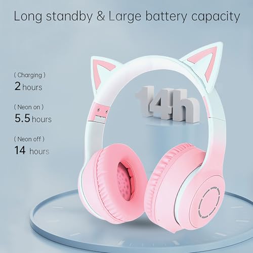 Naroote Katzenohr-Bluetooth-5.3-Kopfhörer für Kinder Erwachsene, Headset Niedlicher Kabelloser Gaming Kopfhörer mit LED Licht 3,5mm AUX Kabel Abnehmbares Einziehbares Mikrofon (PINK) Bild 7