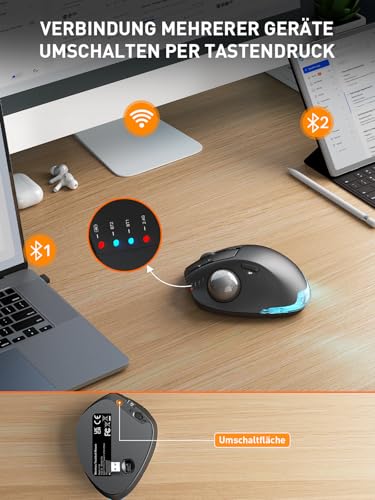SABLUTE MAM1 Pro Ergonomische Trackball Maus Kabellos Bluetooth & USB – Wiederaufladbare Maus mit Daumensteuerung, 5 DPI Stufen, RGB Beleuchtung, Verbindung mit 3 Geräten für PC, Laptop, Mac, Windows Bild 4