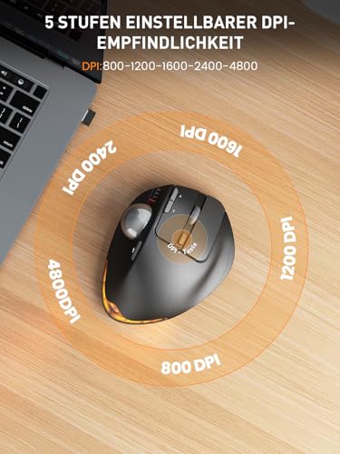 SABLUTE MAM1 Pro Ergonomische Trackball Maus Kabellos Bluetooth & USB – Wiederaufladbare Maus mit Daumensteuerung, 5 DPI Stufen, RGB Beleuchtung, Verbindung mit 3 Geräten für PC, Laptop, Mac, Windows Bild 5