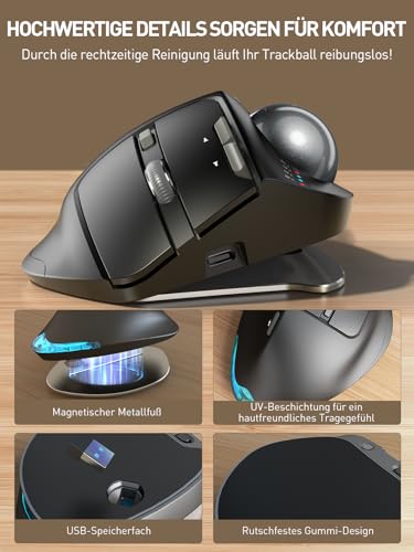 SABLUTE MAM1 Pro Ergonomische Trackball Maus Kabellos Bluetooth & USB – Wiederaufladbare Maus mit Daumensteuerung, 5 DPI Stufen, RGB Beleuchtung, Verbindung mit 3 Geräten für PC, Laptop, Mac, Windows Bild 6