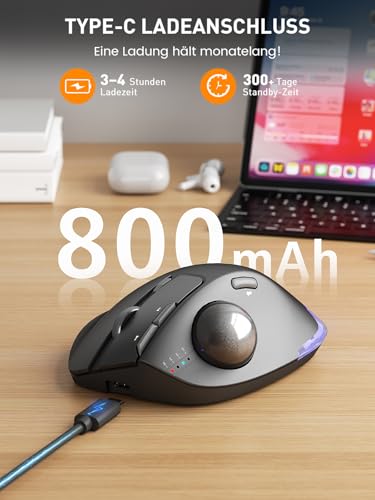 SABLUTE MAM1 Pro Ergonomische Trackball Maus Kabellos Bluetooth & USB – Wiederaufladbare Maus mit Daumensteuerung, 5 DPI Stufen, RGB Beleuchtung, Verbindung mit 3 Geräten für PC, Laptop, Mac, Windows Bild 7