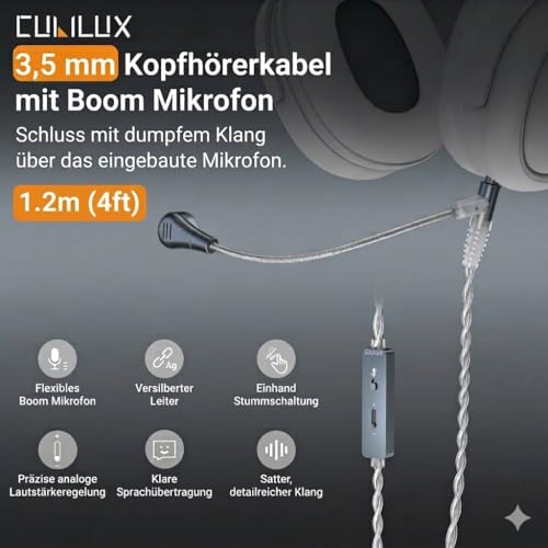 Cubilux 3,5 mm Kopfhörerkabel mit Boom Mikrofon, Mute Schalter und Lautstärkeregler, versilbertes AUX Ersatzkabel für Voice Chat und Anrufe, kompatibel mit WH1000 XM6 XM5 XM4, Studio Pro, Solo, 1,2 m Bild 2