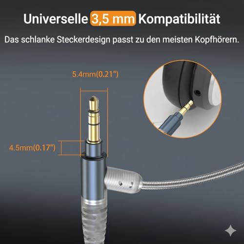 Cubilux 3,5 mm Kopfhörerkabel mit Boom Mikrofon, Mute Schalter und Lautstärkeregler, versilbertes AUX Ersatzkabel für Voice Chat und Anrufe, kompatibel mit WH1000 XM6 XM5 XM4, Studio Pro, Solo, 1,2 m Bild 7