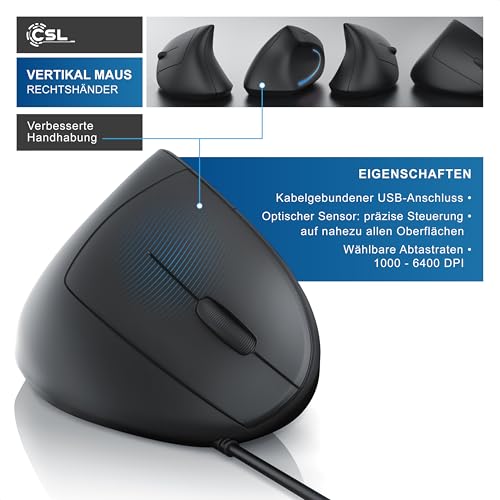 CSL - optische Maus kabelgebunden 6400 DPI - vertikale Ausführung - ergonomisches Design - Vorbeugung gegen Mausarm Tennisarm - besonders armschonend - 5 Tasten Schwarz Bild 2
