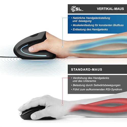 CSL - optische Maus kabelgebunden 6400 DPI - vertikale Ausführung - ergonomisches Design - Vorbeugung gegen Mausarm Tennisarm - besonders armschonend - 5 Tasten Schwarz Bild 3