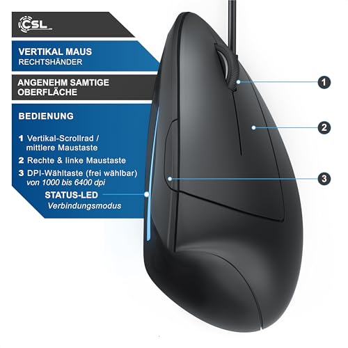 CSL - optische Maus kabelgebunden 6400 DPI - vertikale Ausführung - ergonomisches Design - Vorbeugung gegen Mausarm Tennisarm - besonders armschonend - 5 Tasten Schwarz Bild 4