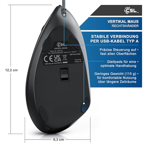 CSL - optische Maus kabelgebunden 6400 DPI - vertikale Ausführung - ergonomisches Design - Vorbeugung gegen Mausarm Tennisarm - besonders armschonend - 5 Tasten Schwarz Bild 5