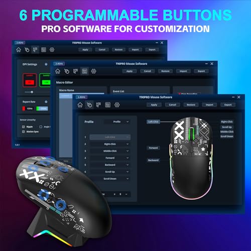 Garsent Gaming-Maus mit Ladestation, 3 Modi, 2,4 GHz, USB C, Kabelgebunden, BT, Kabellose Maus, 12000 DPI, 7 Programmierbare Tasten, Leicht, mit RGB-Licht (Black) Bild 3