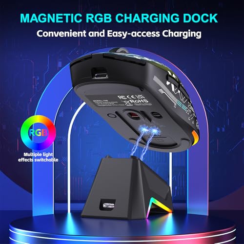 Garsent Gaming-Maus mit Ladestation, 3 Modi, 2,4 GHz, USB C, Kabelgebunden, BT, Kabellose Maus, 12000 DPI, 7 Programmierbare Tasten, Leicht, mit RGB-Licht (Black) Bild 4