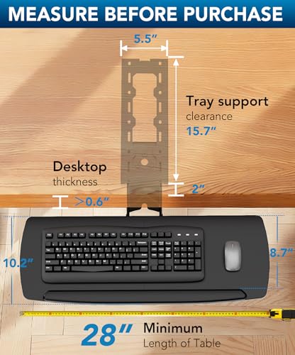 Keyboard-Ablage unter Tisch mit Schublade, höhenverstellbar, ausziehbar, 360° schwenk- und neigbar, ergonomische Unter-Tisch-Montage für Tastatur & Maus, geeignet für Gaming & Home Office, 28'' x 11'' Bild 3