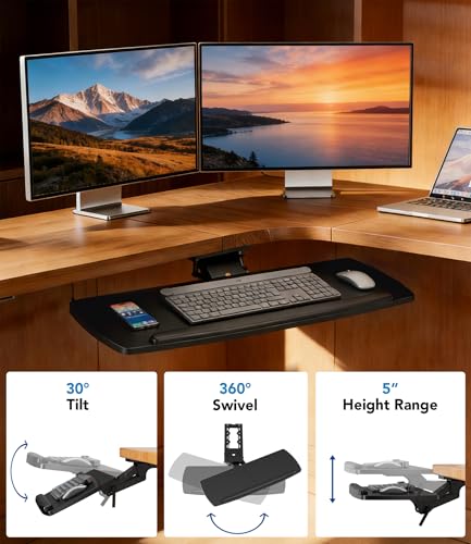 Keyboard-Ablage unter Tisch mit Schublade, höhenverstellbar, ausziehbar, 360° schwenk- und neigbar, ergonomische Unter-Tisch-Montage für Tastatur & Maus, geeignet für Gaming & Home Office, 28'' x 11'' Bild 4