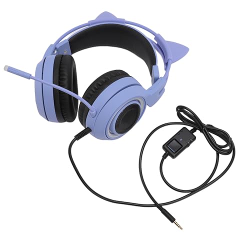 Gedourain Katzenohren-Gaming-Headset, Niedlicher Stereo-Kopfhörer mit Rauschunterdrückung, Over-Ear-Kopfhörer mit Mikrofon für Mädchen, PC, Telefon, 3,5-mm-Stecker für Damen und (Lila) Bild 2