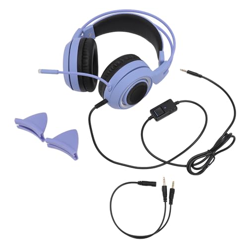 Gedourain Katzenohren-Gaming-Headset, Niedlicher Stereo-Kopfhörer mit Rauschunterdrückung, Over-Ear-Kopfhörer mit Mikrofon für Mädchen, PC, Telefon, 3,5-mm-Stecker für Damen und (Lila) Bild 3
