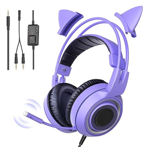 Gedourain Katzenohren-Gaming-Headset, Niedlicher Stereo-Kopfhörer mit Rauschunterdrückung, Over-Ear-Kopfhörer mit Mikrofon für Mädchen, PC, Telefon, 3,5-mm-Stecker für Damen und (Lila) Bild 4