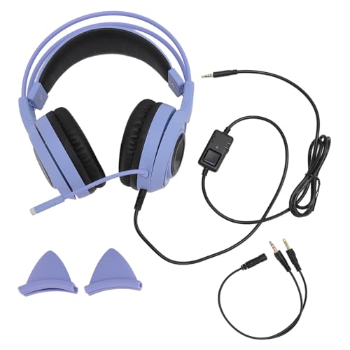 Gedourain Katzenohren-Gaming-Headset, Niedlicher Stereo-Kopfhörer mit Rauschunterdrückung, Over-Ear-Kopfhörer mit Mikrofon für Mädchen, PC, Telefon, 3,5-mm-Stecker für Damen und (Lila) Bild 5