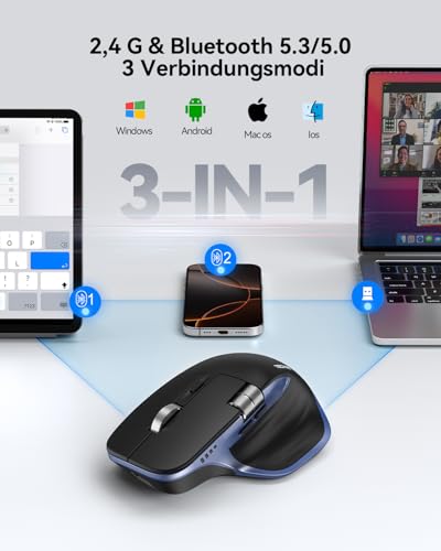 TECKNET Bluetooth kabellose Maus(BT 5.3/5.0+2,4G), Seitliches Mausrad, Superschnelles Scrollen, Wiederaufladbare Ergonomische, Maus Silent Mouse 4800 DPI, 7 Tasten, für Mac OS,Windows, Blau Bild 2