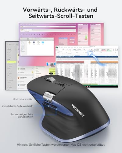 TECKNET Bluetooth kabellose Maus(BT 5.3/5.0+2,4G), Seitliches Mausrad, Superschnelles Scrollen, Wiederaufladbare Ergonomische, Maus Silent Mouse 4800 DPI, 7 Tasten, für Mac OS,Windows, Blau Bild 3