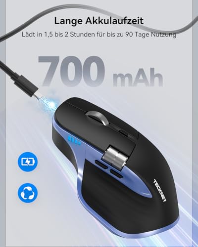 TECKNET Bluetooth kabellose Maus(BT 5.3/5.0+2,4G), Seitliches Mausrad, Superschnelles Scrollen, Wiederaufladbare Ergonomische, Maus Silent Mouse 4800 DPI, 7 Tasten, für Mac OS,Windows, Blau Bild 4