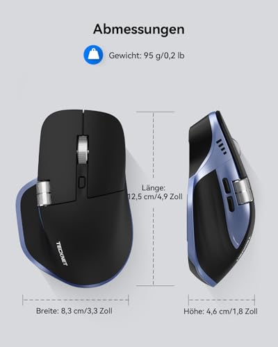TECKNET Bluetooth kabellose Maus(BT 5.3/5.0+2,4G), Seitliches Mausrad, Superschnelles Scrollen, Wiederaufladbare Ergonomische, Maus Silent Mouse 4800 DPI, 7 Tasten, für Mac OS,Windows, Blau Bild 5
