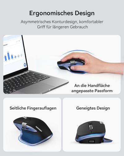 TECKNET Bluetooth kabellose Maus(BT 5.3/5.0+2,4G), Seitliches Mausrad, Superschnelles Scrollen, Wiederaufladbare Ergonomische, Maus Silent Mouse 4800 DPI, 7 Tasten, für Mac OS,Windows, Blau Bild 6