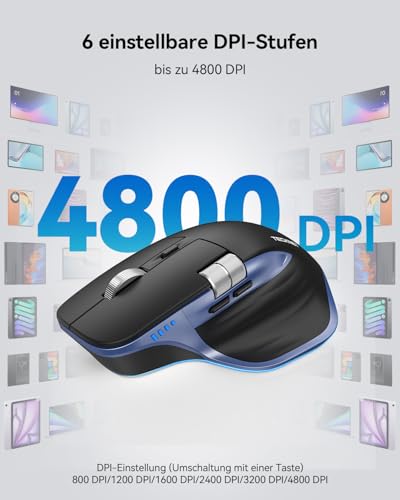 TECKNET Bluetooth kabellose Maus(BT 5.3/5.0+2,4G), Seitliches Mausrad, Superschnelles Scrollen, Wiederaufladbare Ergonomische, Maus Silent Mouse 4800 DPI, 7 Tasten, für Mac OS,Windows, Blau Bild 7