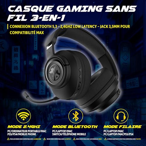 Akuma SEINEN H06 WL Kabellose Gamer Kopfhörer – 3D Surround Sound, Bluetooth 5.3 + 2,4 GHz + 3,5 mm Klinke | Abnehmbares ENC-Mikrofon | Akkulaufzeit 30 Stunden | Komfort Memory-Schaum – Gaming-Headset Bild 2