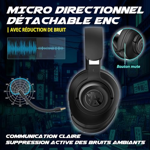 Akuma SEINEN H06 WL Kabellose Gamer Kopfhörer – 3D Surround Sound, Bluetooth 5.3 + 2,4 GHz + 3,5 mm Klinke | Abnehmbares ENC-Mikrofon | Akkulaufzeit 30 Stunden | Komfort Memory-Schaum – Gaming-Headset Bild 4
