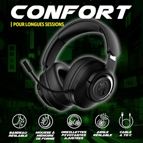 Akuma SEINEN H06 WL Kabellose Gamer Kopfhörer – 3D Surround Sound, Bluetooth 5.3 + 2,4 GHz + 3,5 mm Klinke | Abnehmbares ENC-Mikrofon | Akkulaufzeit 30 Stunden | Komfort Memory-Schaum – Gaming-Headset Bild 5