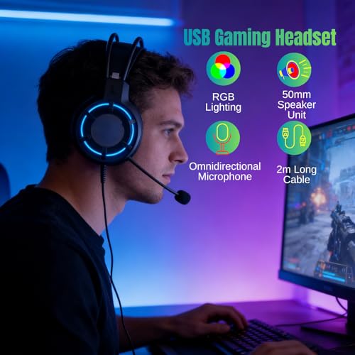 RGB Gaming Headset mit Mikrofon USB PC Gaming Kopfhörer mit 2m Kabel Plug & Play, USB Over-Ear Headset für PC Laptop Desktop Bild 2