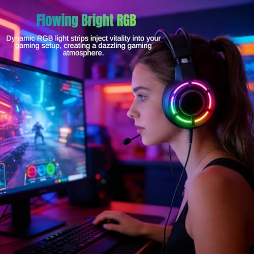 RGB Gaming Headset mit Mikrofon USB PC Gaming Kopfhörer mit 2m Kabel Plug & Play, USB Over-Ear Headset für PC Laptop Desktop Bild 3