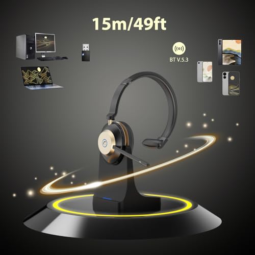 V5.3 Bluetooth-Headset mit Mikrofon für PC, Kabelloses Headset mit Mikrofon Rauschunterdrückung & USB-Dongle, 45 Std. Akku, Ladestation, Stummschaltung für Computer/Büro/Meeting/Call Center/Office Bild 3
